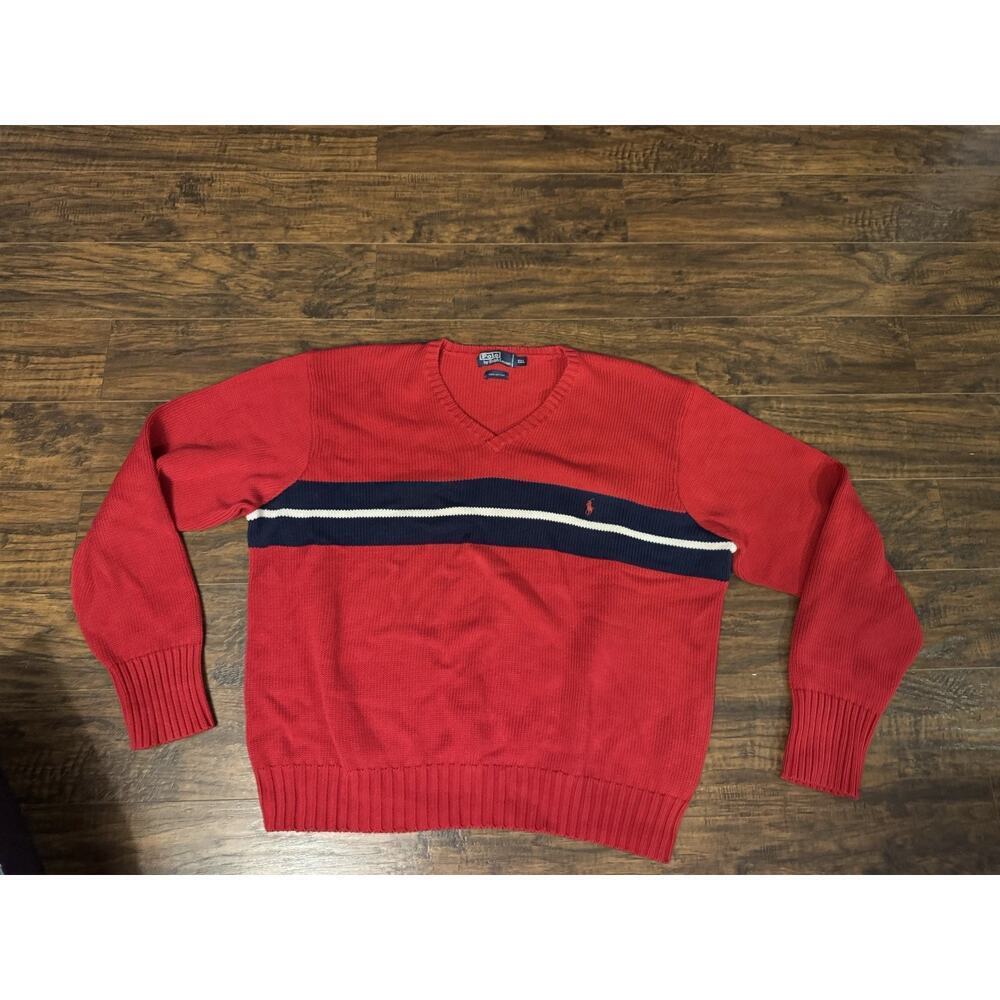 Vintage Polo Ralph Lauren Sweater Mens 2XL Red Striped V-Neck Knit Pony Pullover